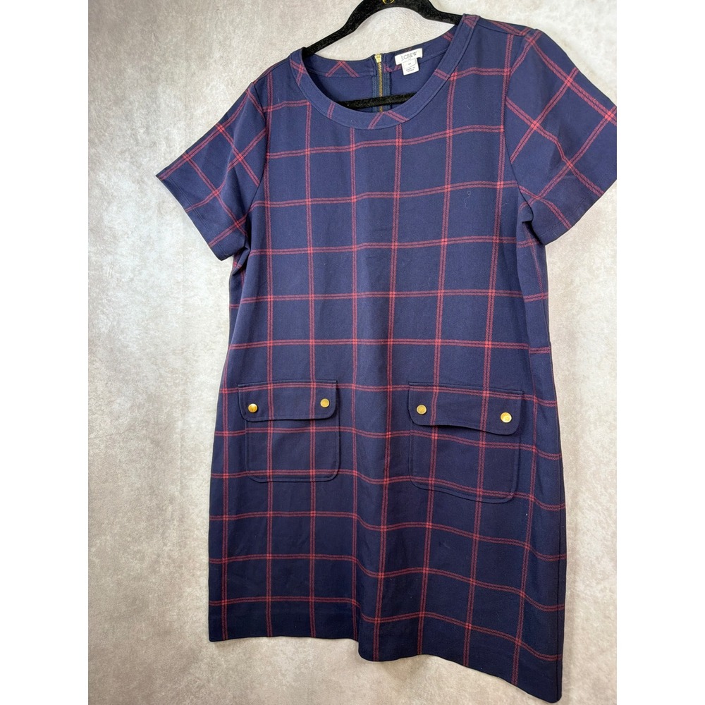 J Crew Navy Blue Plaid Mini Retro Mod Academia Shift Dress Sze 14 Windowpane - Picture 2 of 5